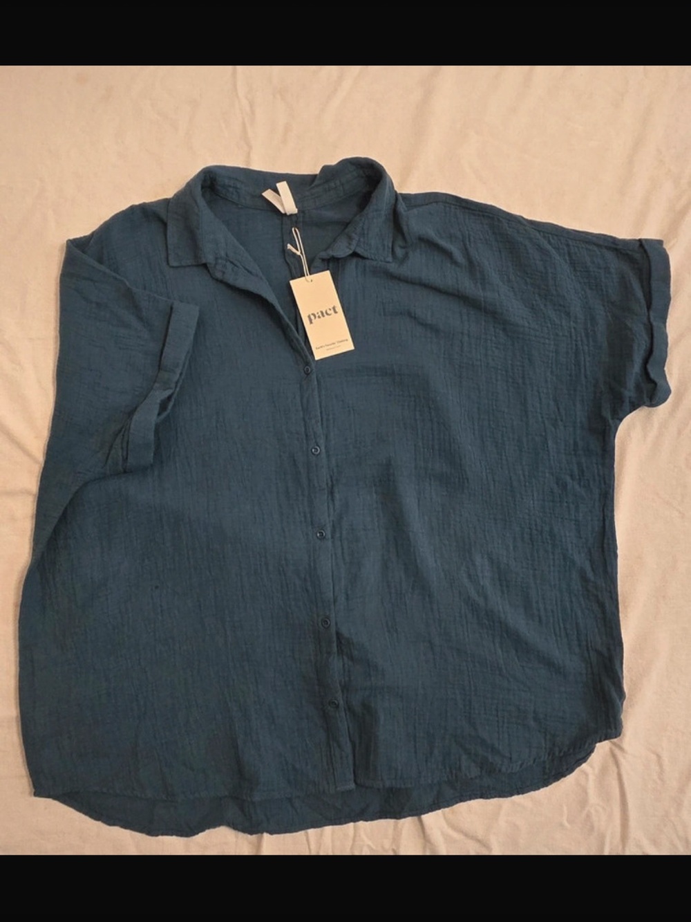 Pact Women’s Deep Teal Oversize Short Sleeve Button-Down Shirt